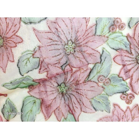 Christmas Poinsettia Table Topper 33 Inch Square Red Gold Organza with Tassels S - Picture 6 of 9